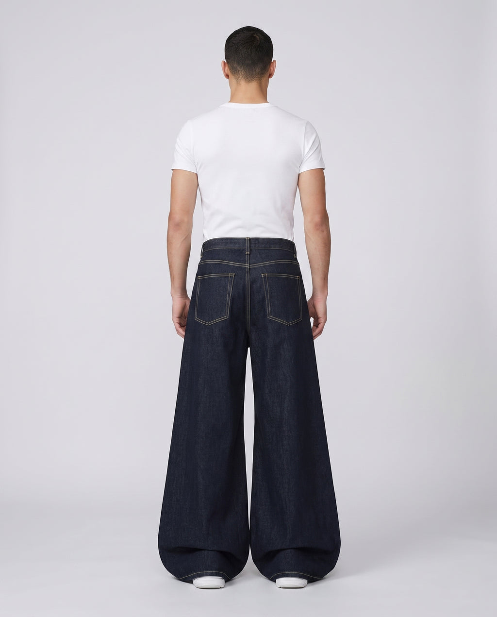 Easy Jeans — River Blue on model — three-quarter view