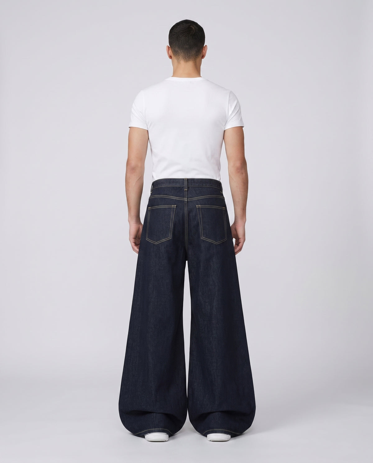 Easy Jeans — River Blue on model — three-quarter view