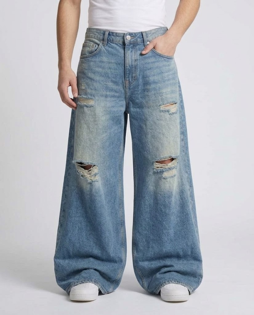 Slack Ripped Jeans — Faded Royal on model — waist and pocket detail