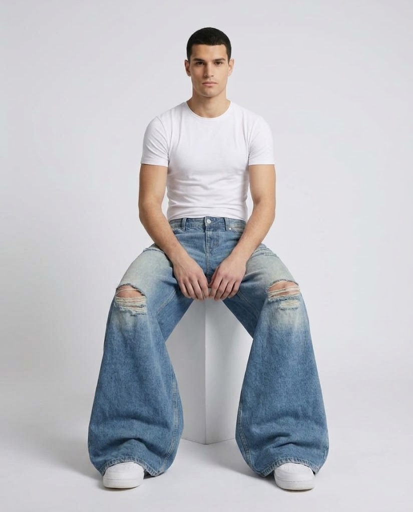 Slack Ripped Jeans — Faded Royal on model — seated fit view