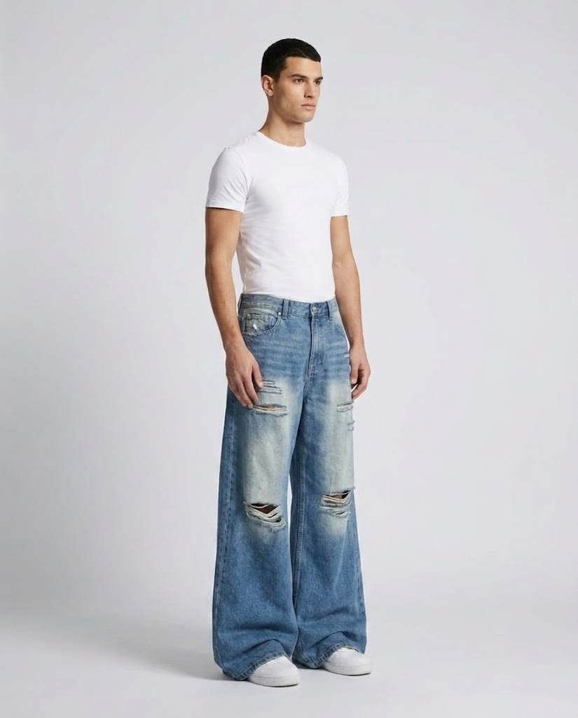 Slack Ripped Jeans — Faded Royal on model — three-quarter view