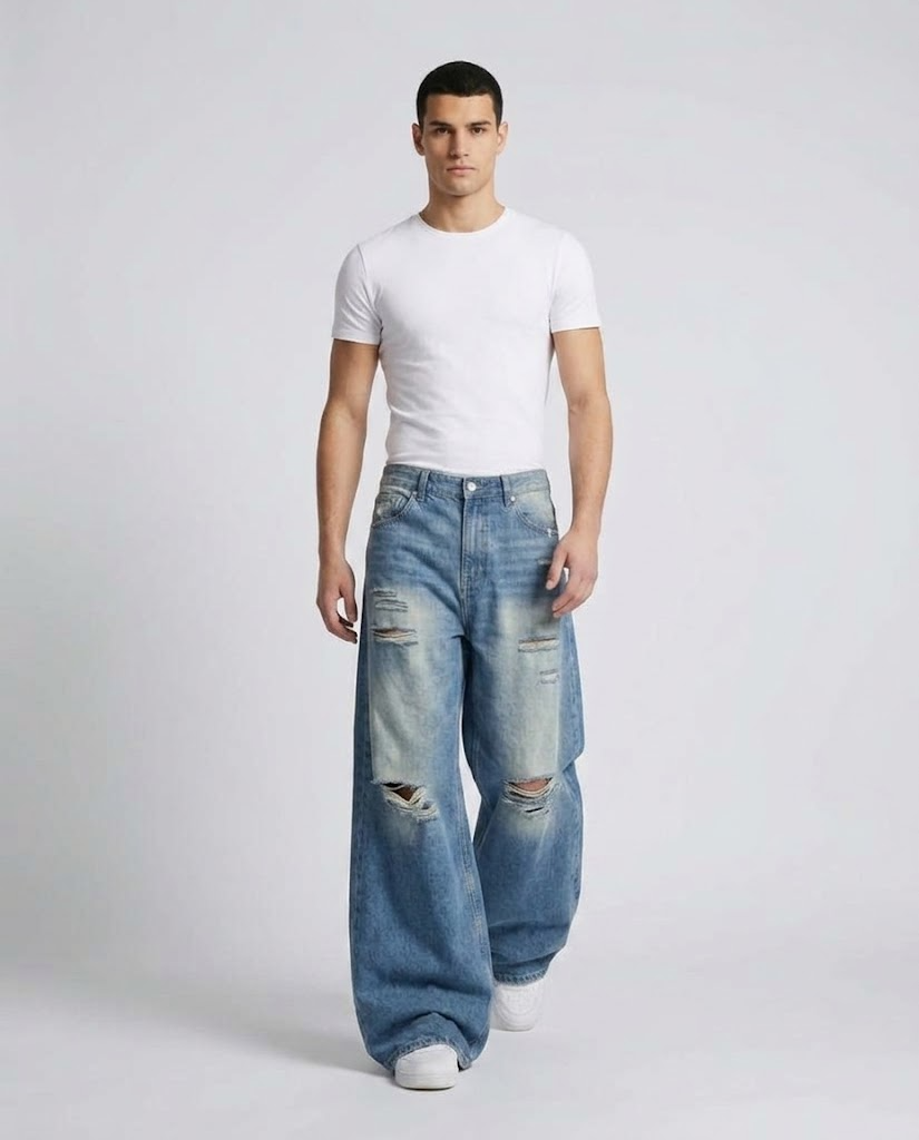 Slack Ripped Jeans — Faded Royal on model — walking, fabric in motion