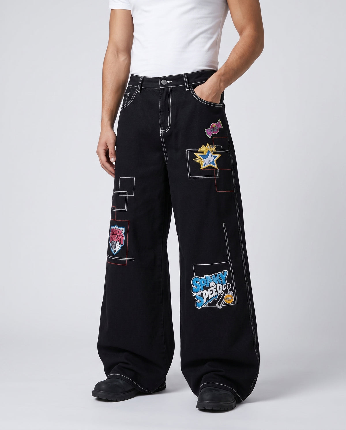Maxout Jeans — Obsidian on model — waist and pocket detail