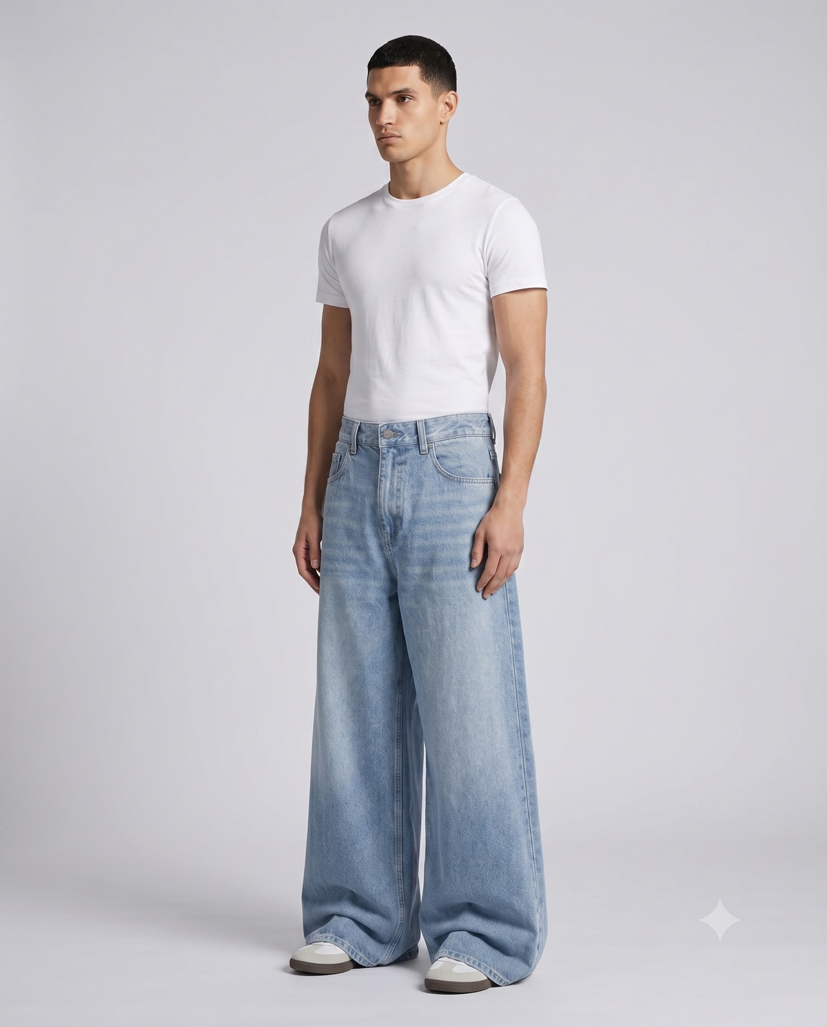 Slack Jeans Chalk Wash on model — seated fit view
