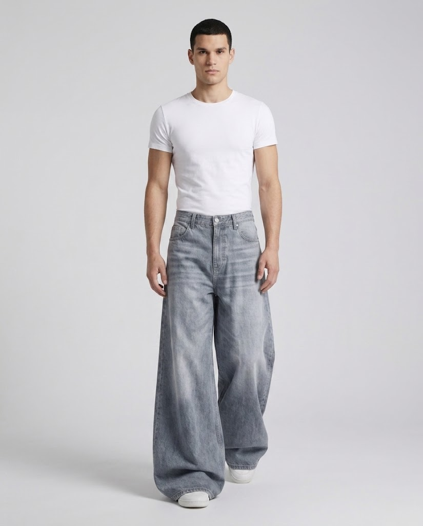 Slack Jeans — Chalk Wash on model — walking, fabric in motion