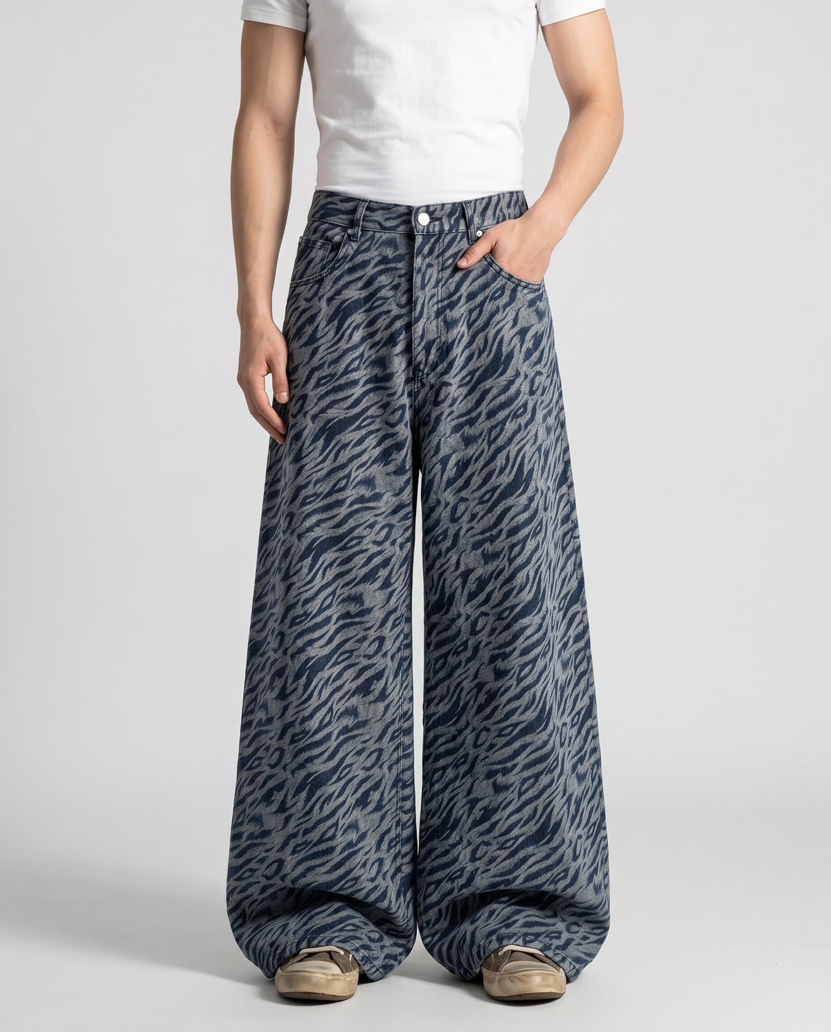 Maxout Jeans — Zebra Fade on model — waist and pocket detail