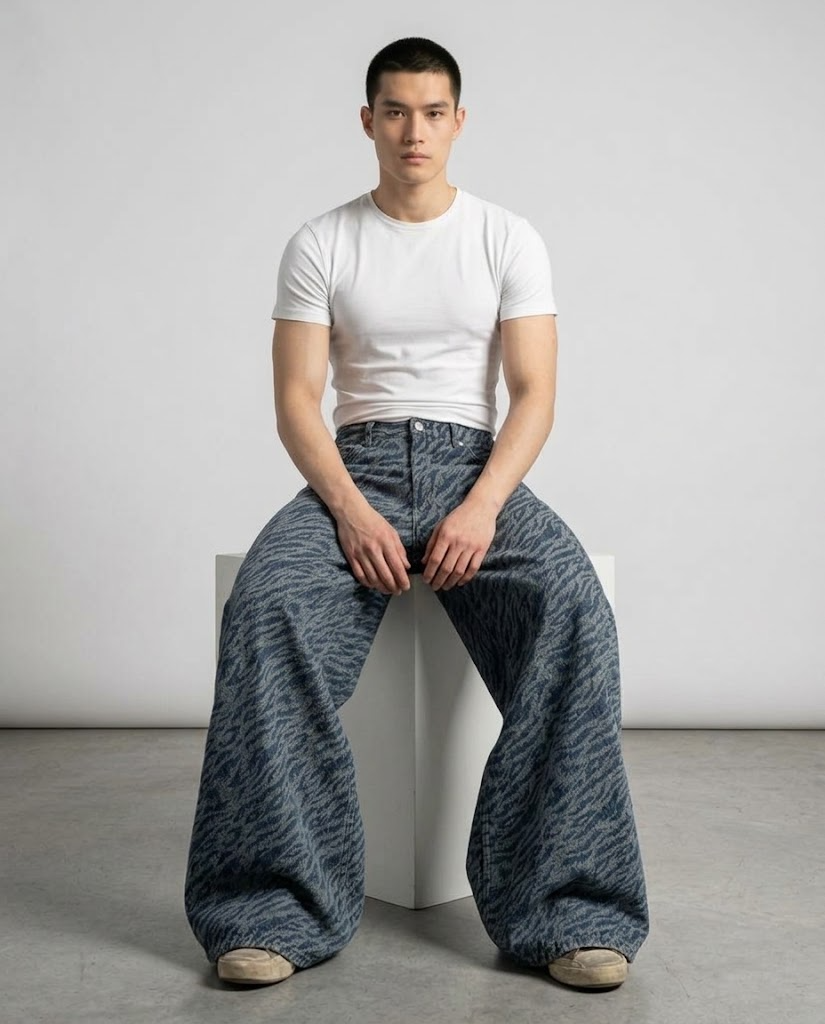 Maxout Jeans — Zebra Fade on model — seated fit view