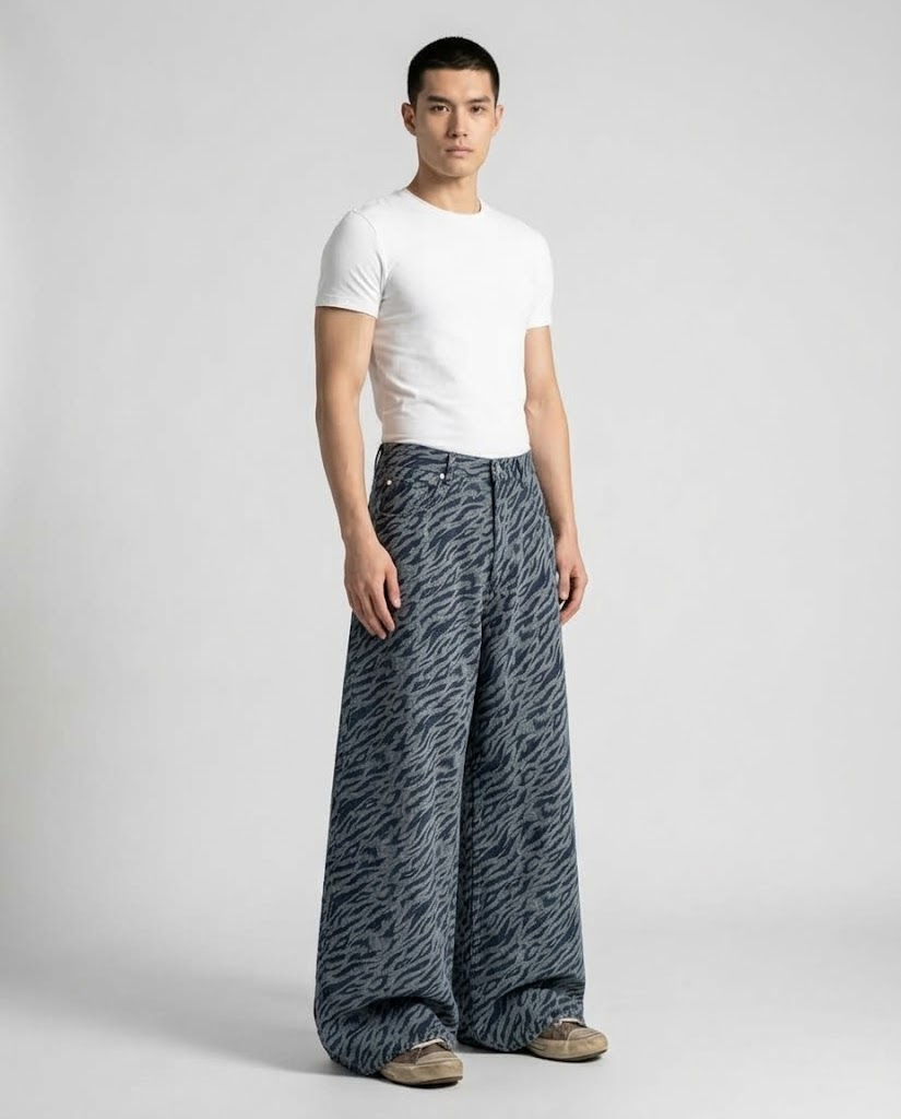 Maxout Jeans — Zebra Fade on model — three-quarter view