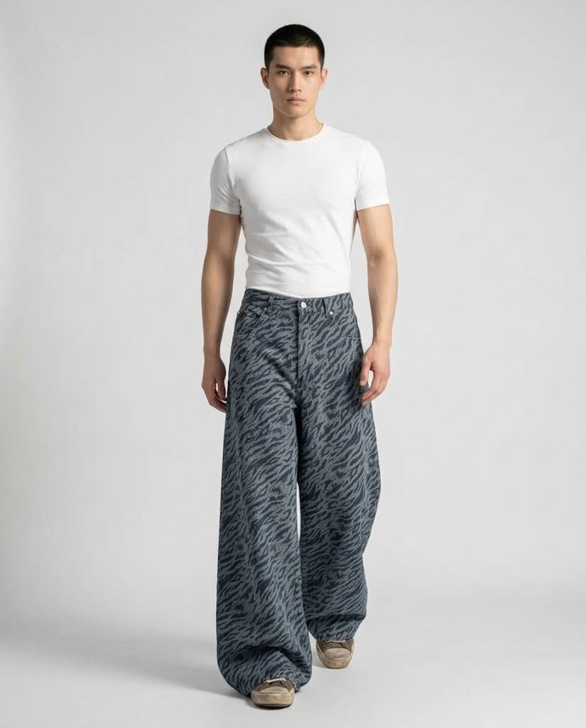 Maxout Jeans — Zebra Fade on model — walking, fabric in motion