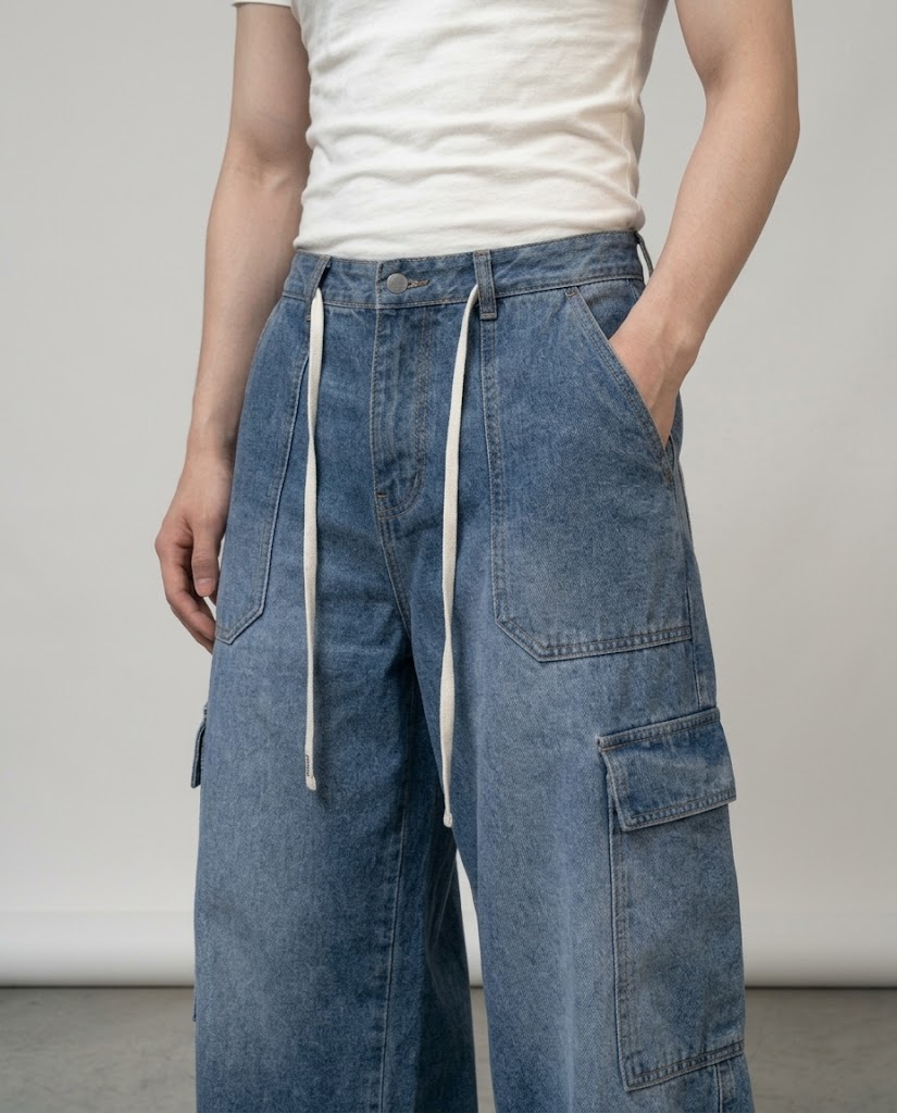 Foreman Jeans — Motor Blue on model — waist and pocket detail