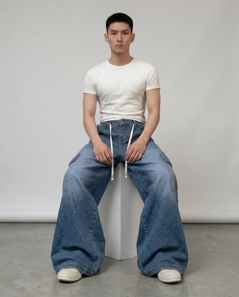 Foreman Jeans — Motor Blue on model — seated fit view