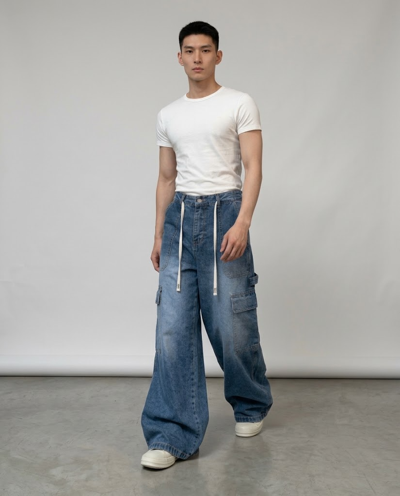 Foreman Jeans — Motor Blue on model — walking, fabric in motion