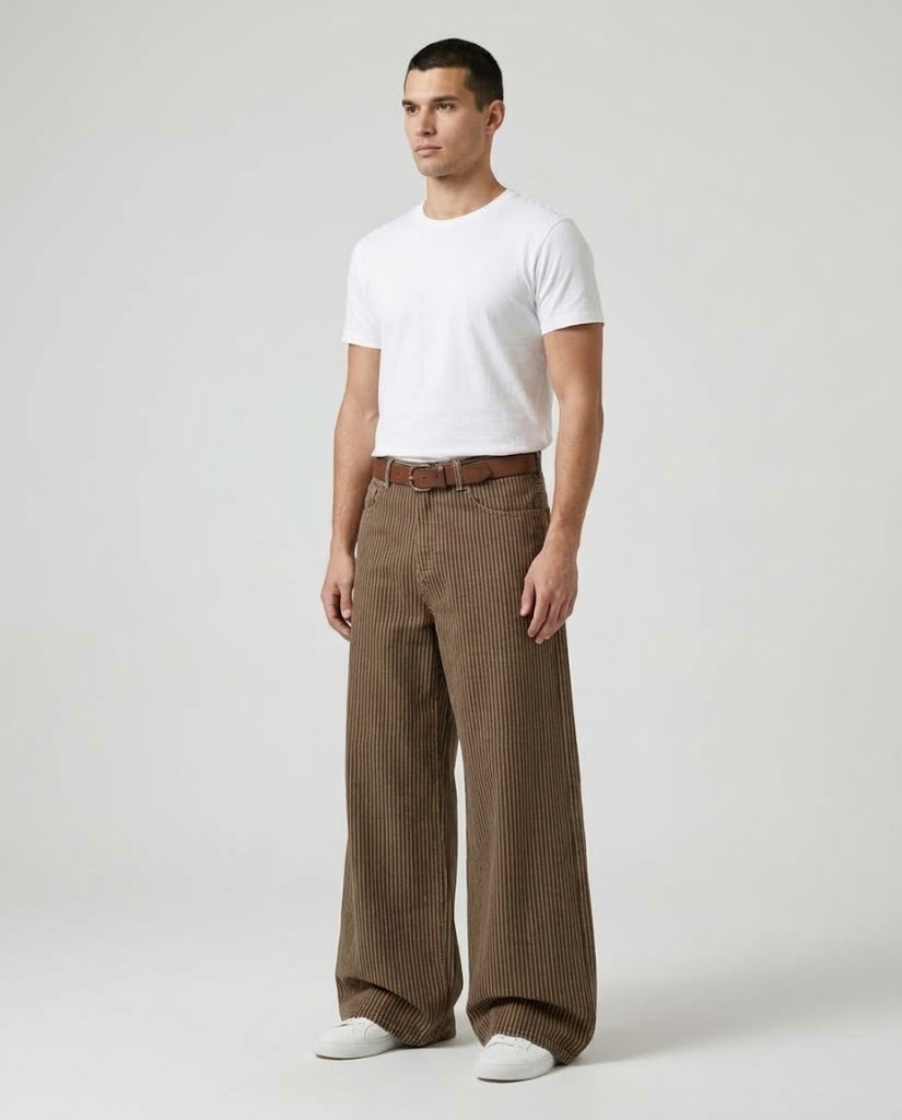 Boulevard Jeans — Chalk Stripe on model — three-quarter view