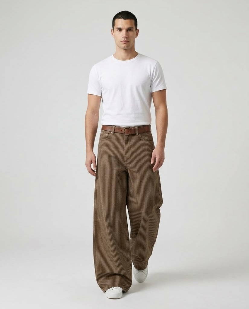 Boulevard Jeans — Chalk Stripe on model — walking, fabric in motion