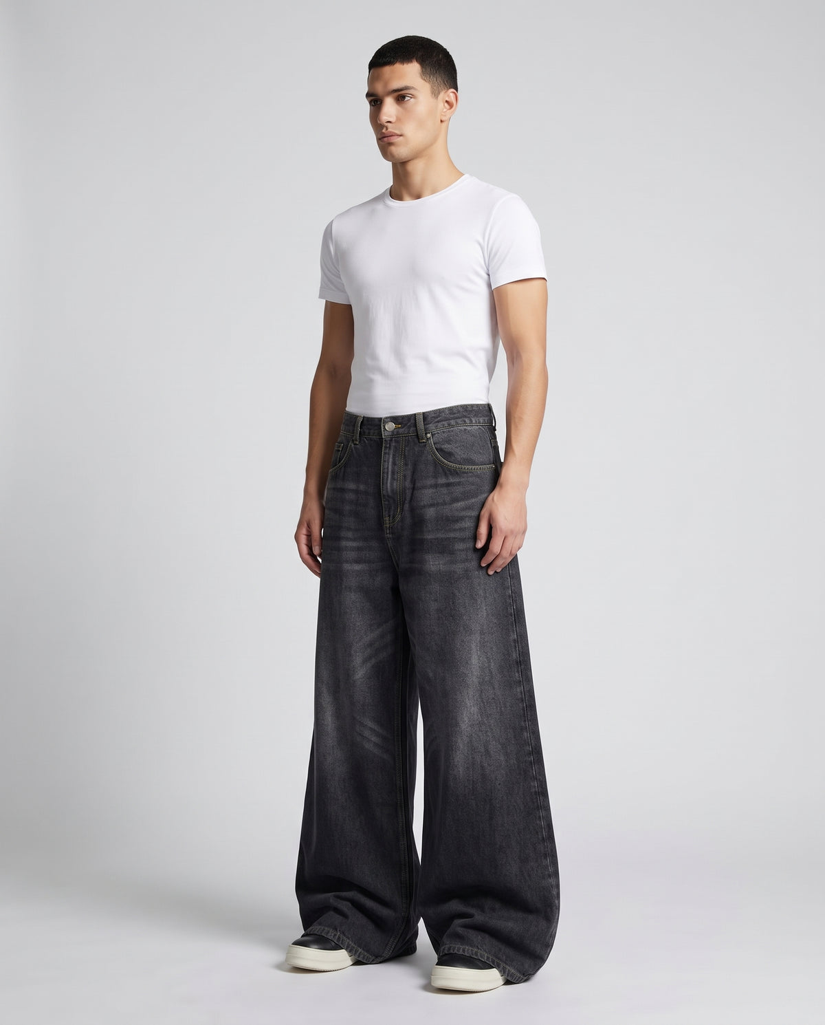 Easy Jeans Midnight Fade on model — three-quarter view