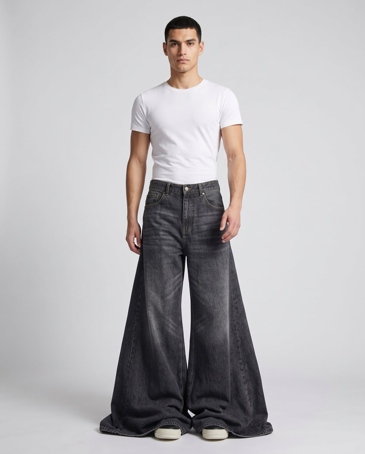 Easy Jeans Midnight Fade on model — walking, fabric in motion