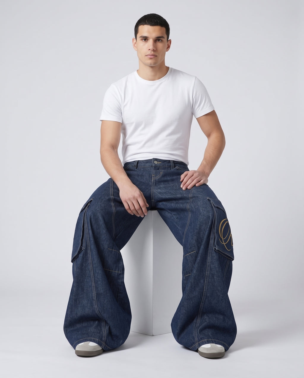 Cooper Jeans Lumber Wash on model — seated fit view