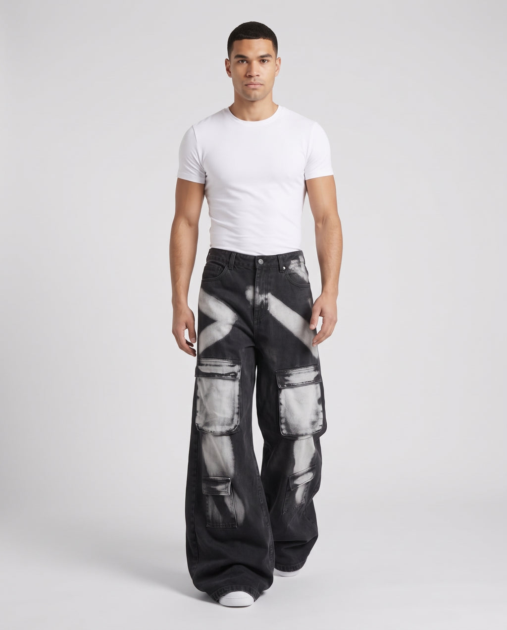 Foreman Jeans — Ink Splash on model — walking, fabric in motion