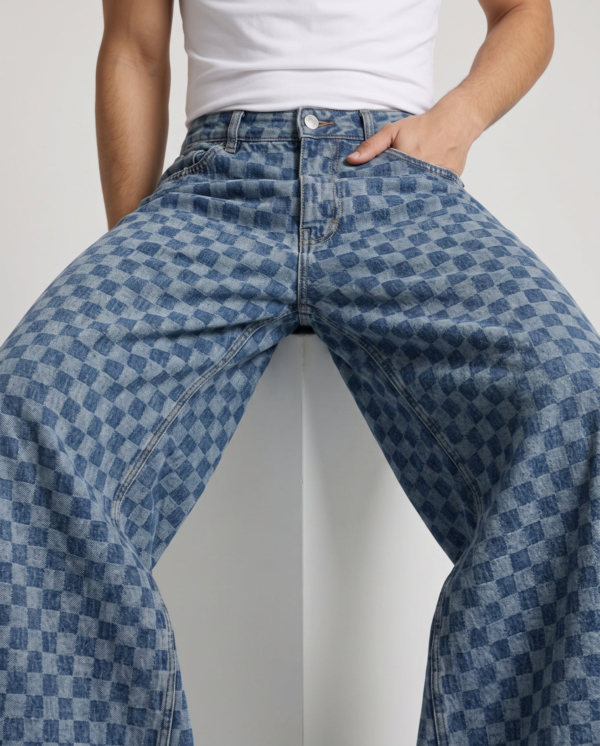 Easy Jeans — Checker Fade on model — waist and pocket detail