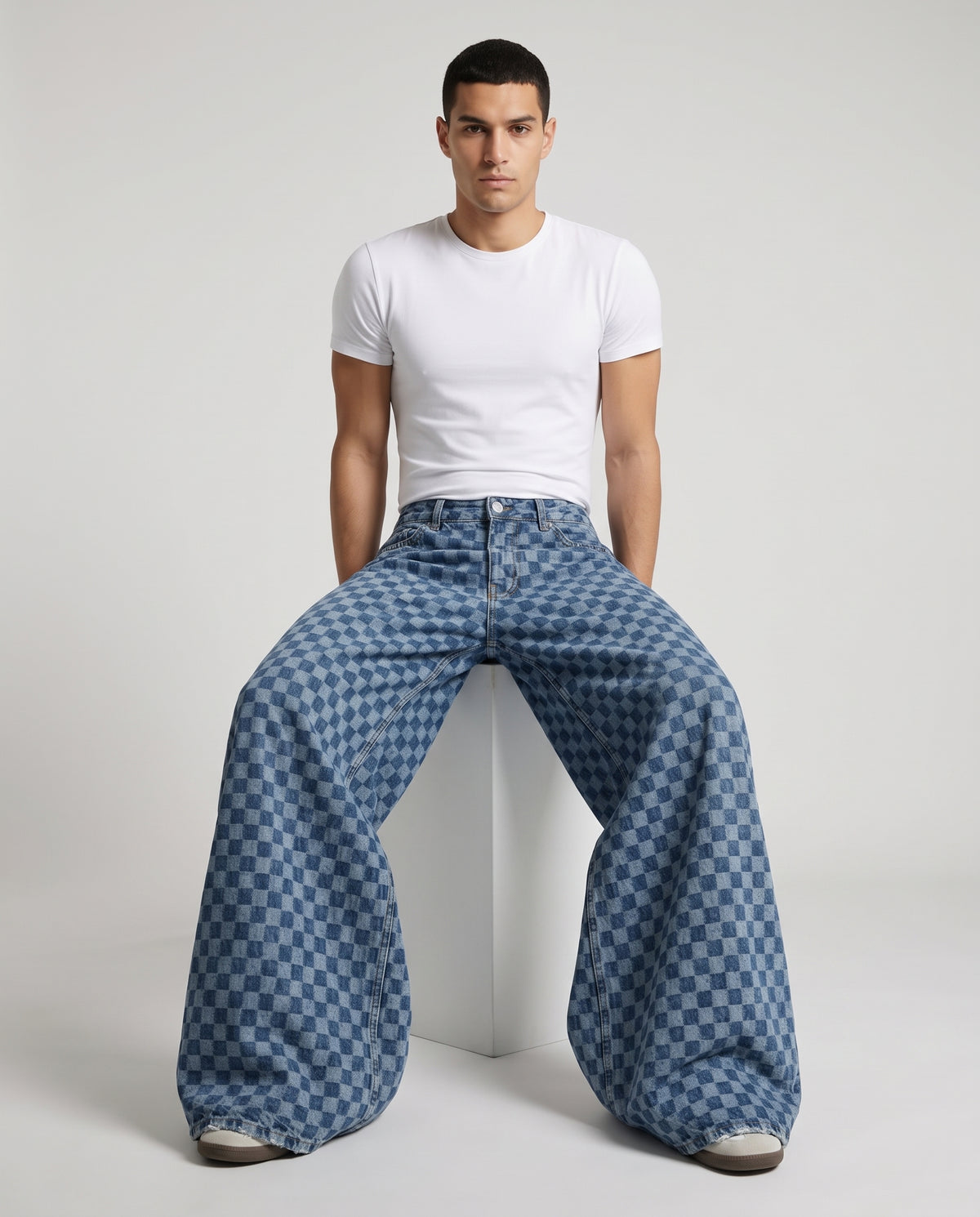 Easy Jeans — Checker Fade on model — seated fit view