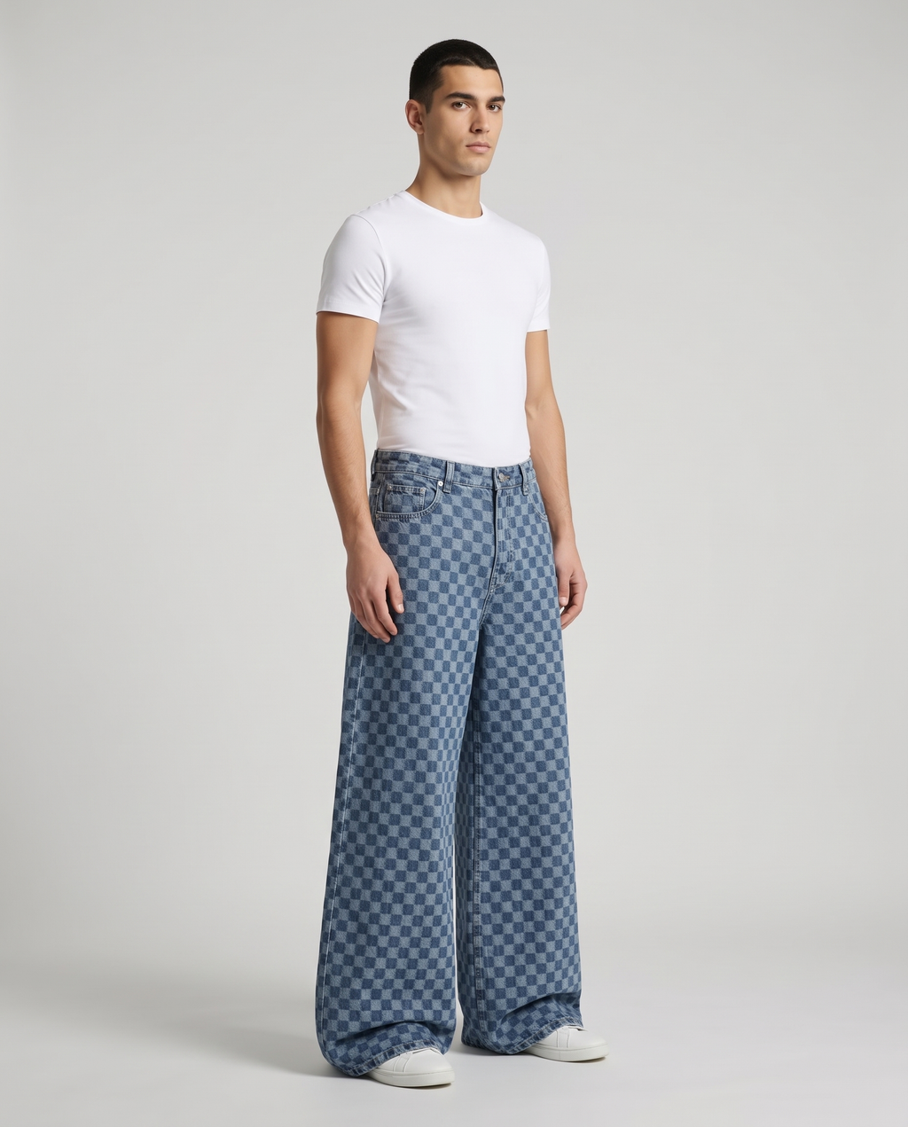 Easy Jeans Checker Fade on model — three-quarter view