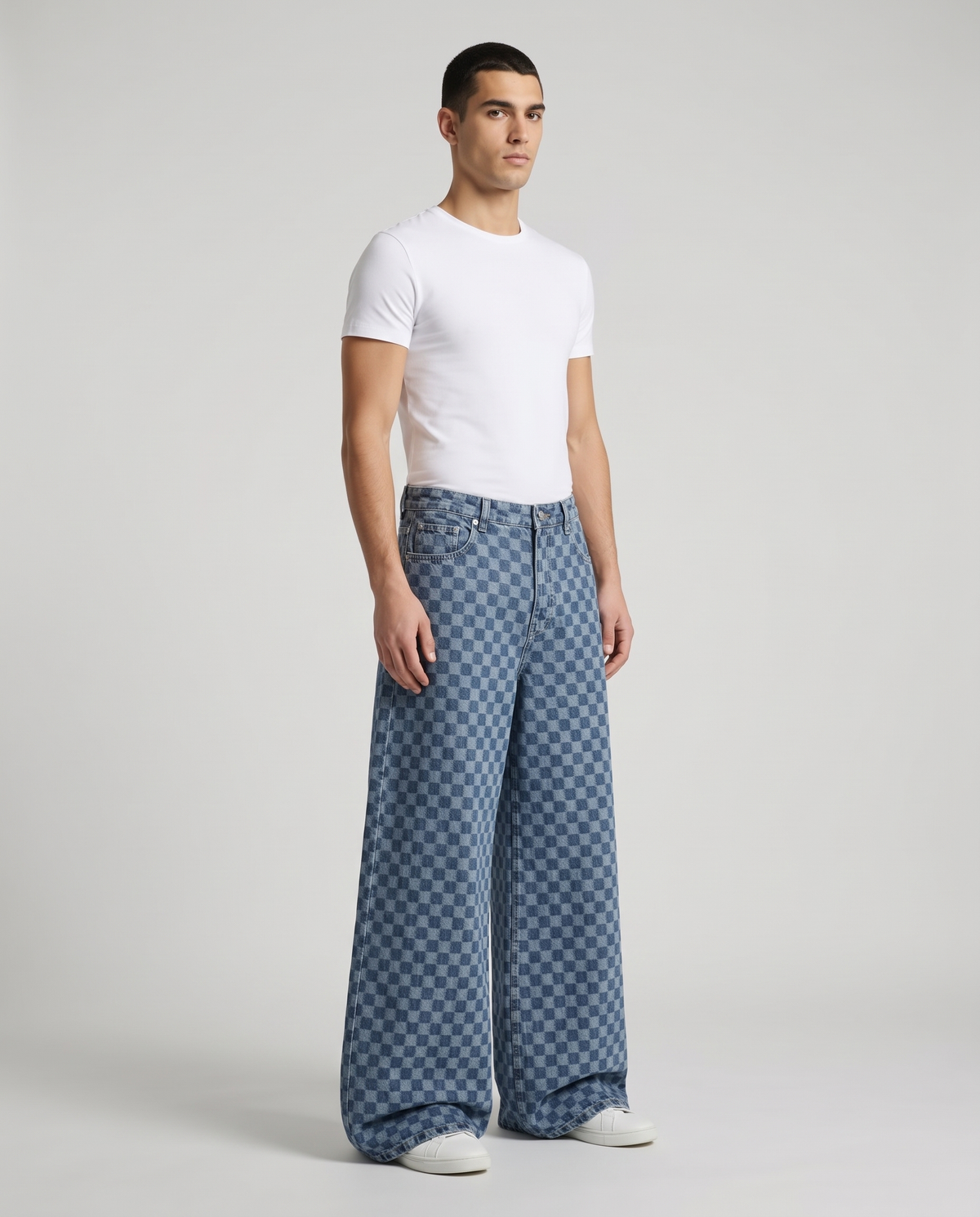 Easy Jeans Checker Fade on model — three-quarter view