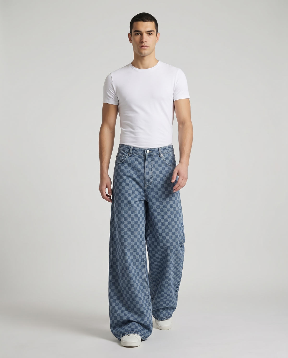 Easy Jeans Checker Fade on model — walking, fabric in motion