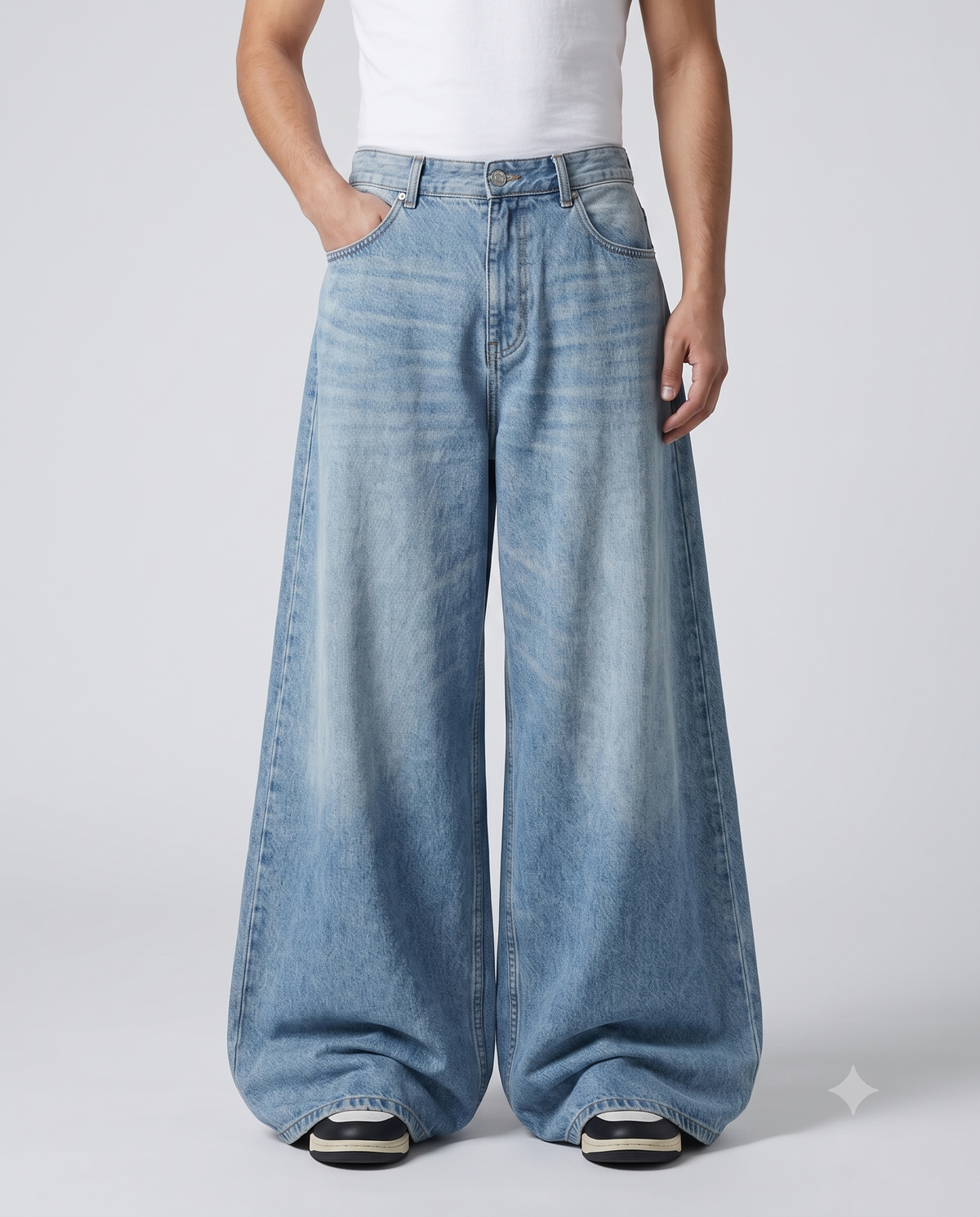 Cooper Jeans — Salt White on model — three-quarter view