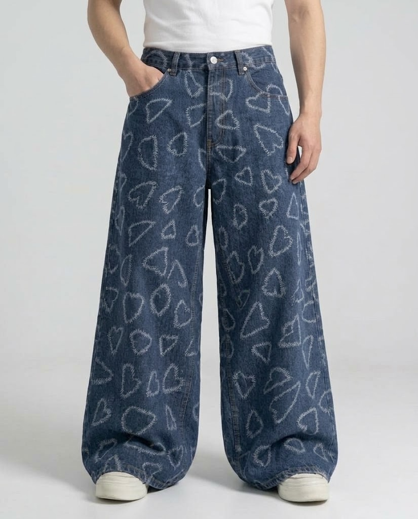 Boulevard Jeans Heart Print on model — waist and pocket detail