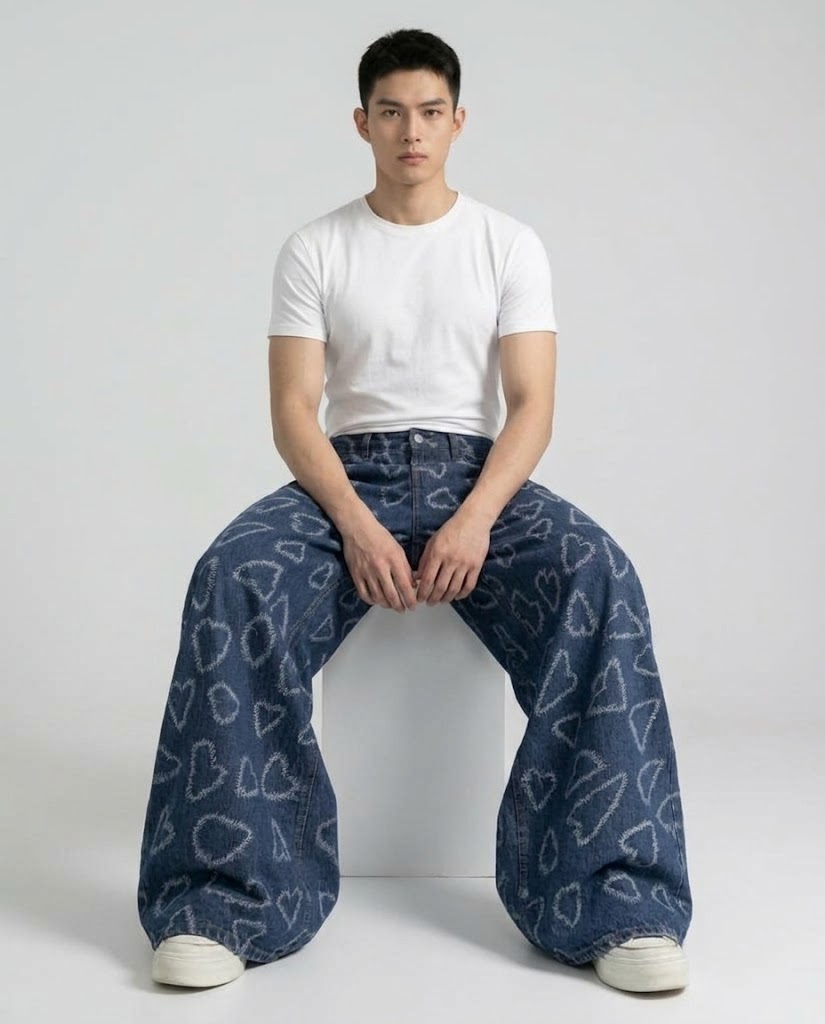 Boulevard Jeans Heart Print on model — seated fit view