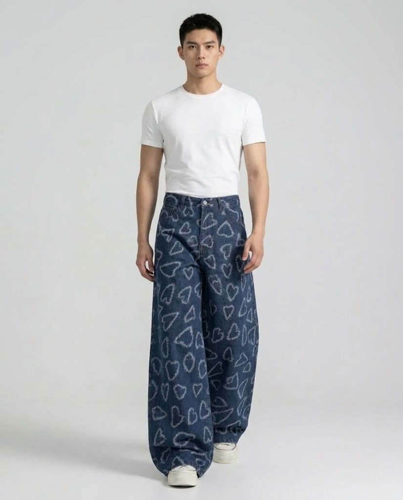 Boulevard Jeans Heart Print on model — walking, fabric in motion