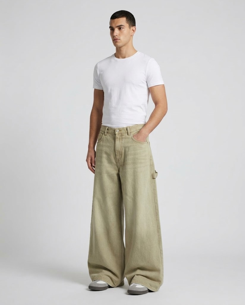 Foreman Jeans — Khaki Fade on model — three-quarter view