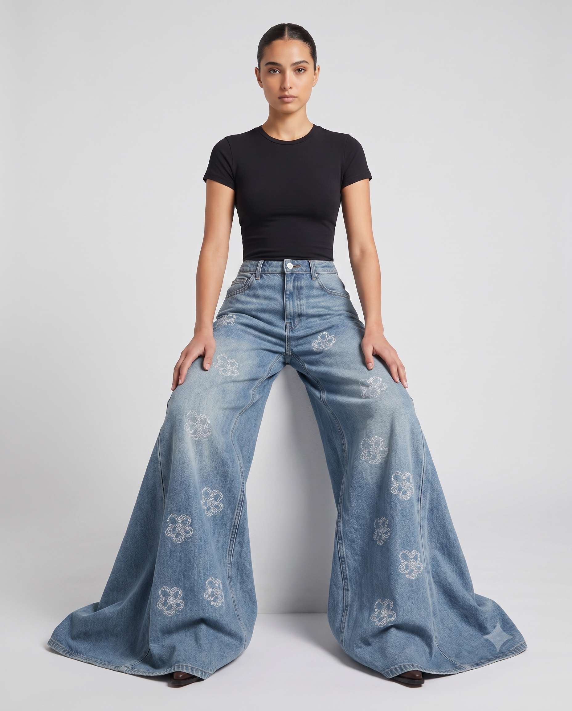 Women's Baggy Jeans Floral Fade on model — seated fit view