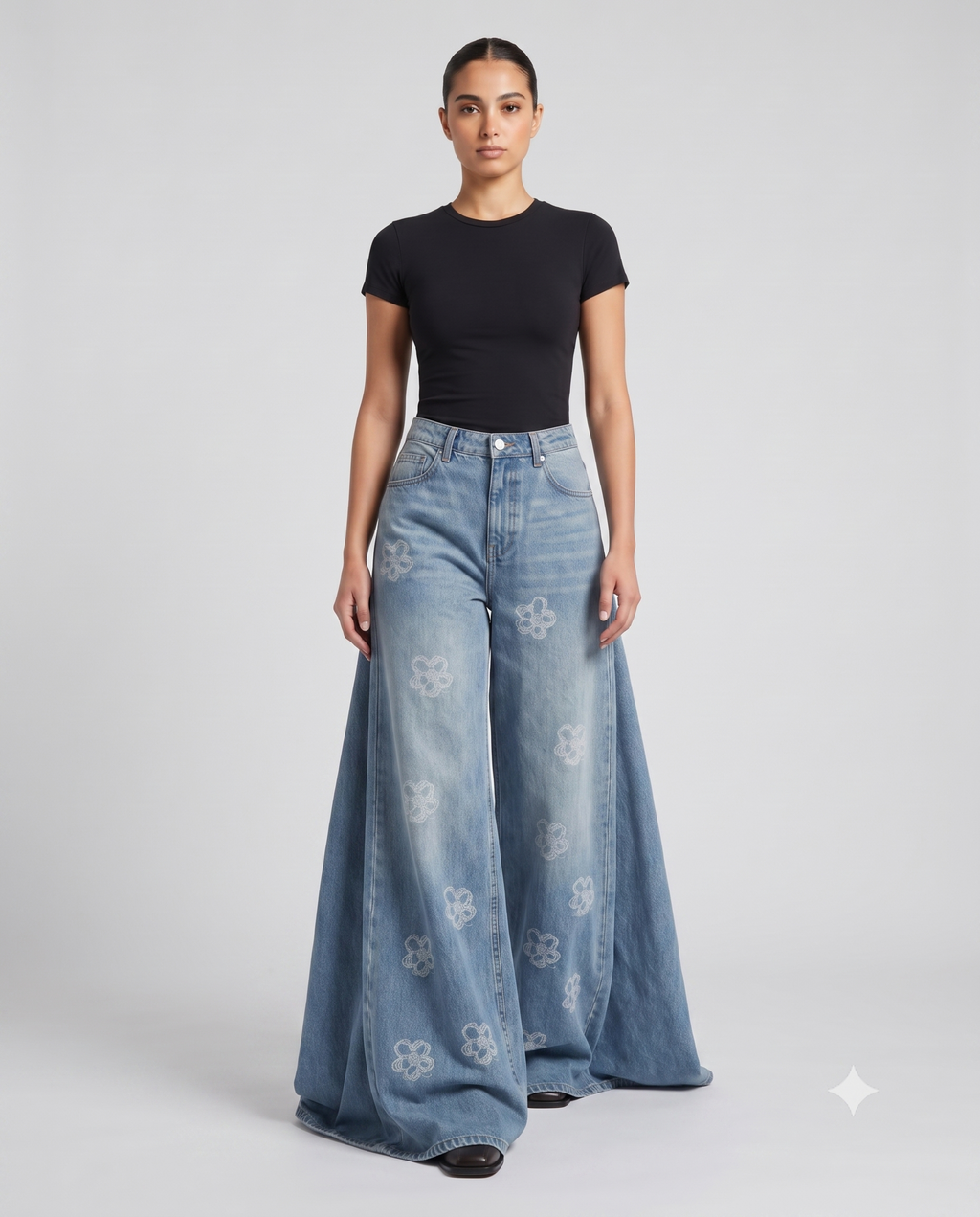Women's Baggy Jeans Floral Fade on model — walking, fabric in motion