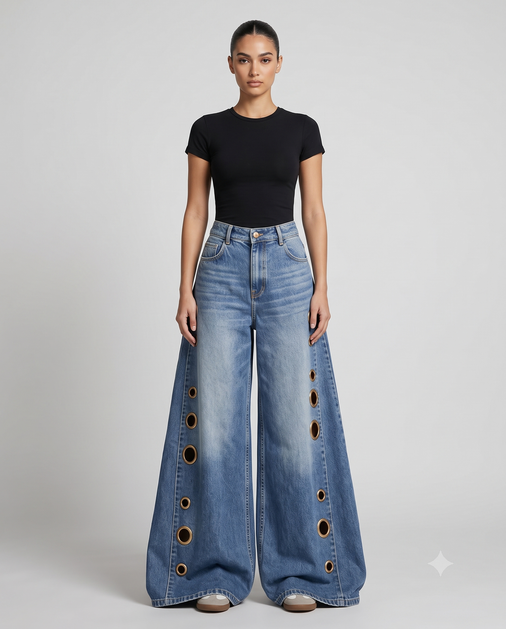 Women's Distressed Baggy Jeans Eyelet Fade on model — mega baggy fit covering shoes