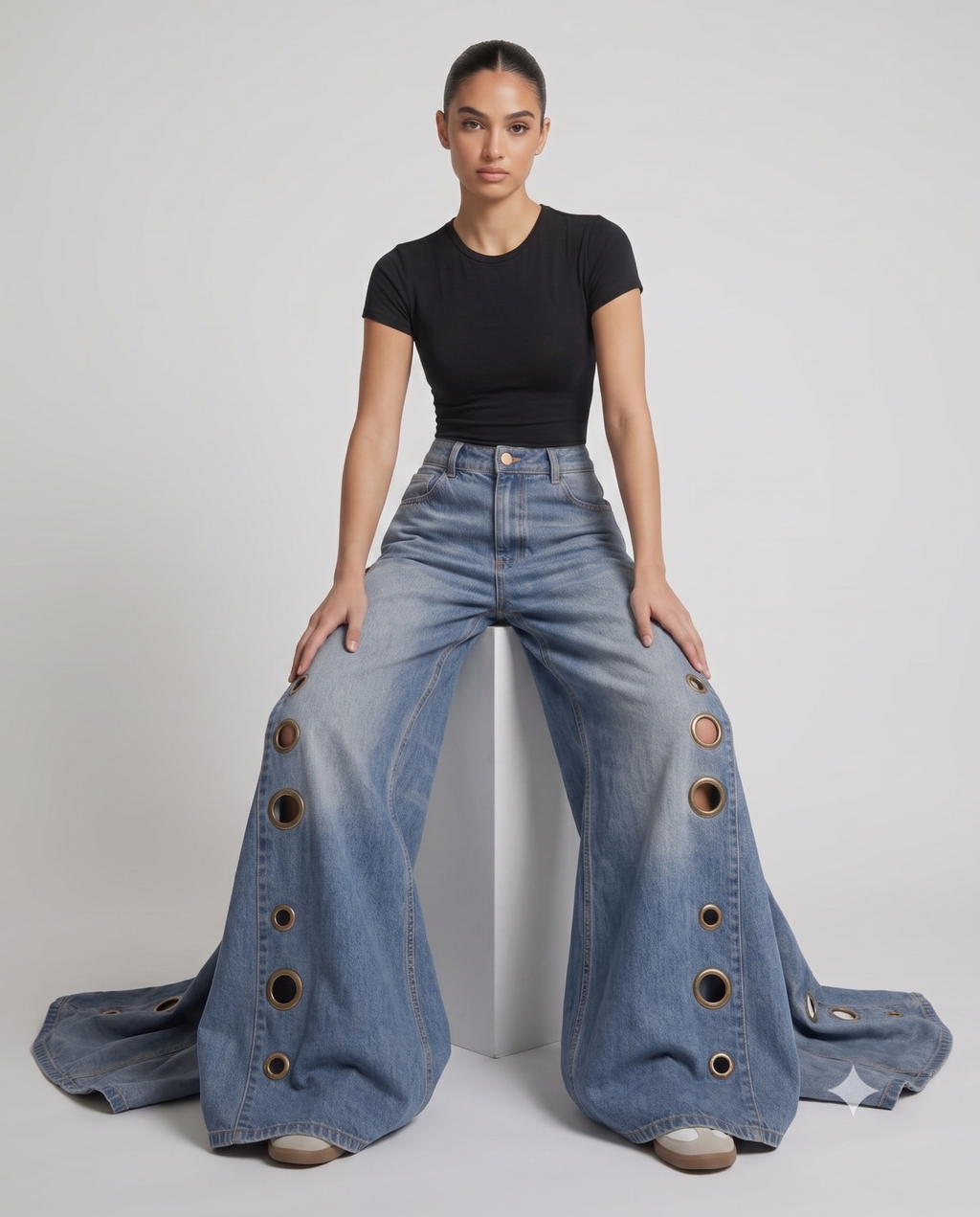 Women's Distressed Baggy Jeans — Eyelet Fade on model — seated fit view