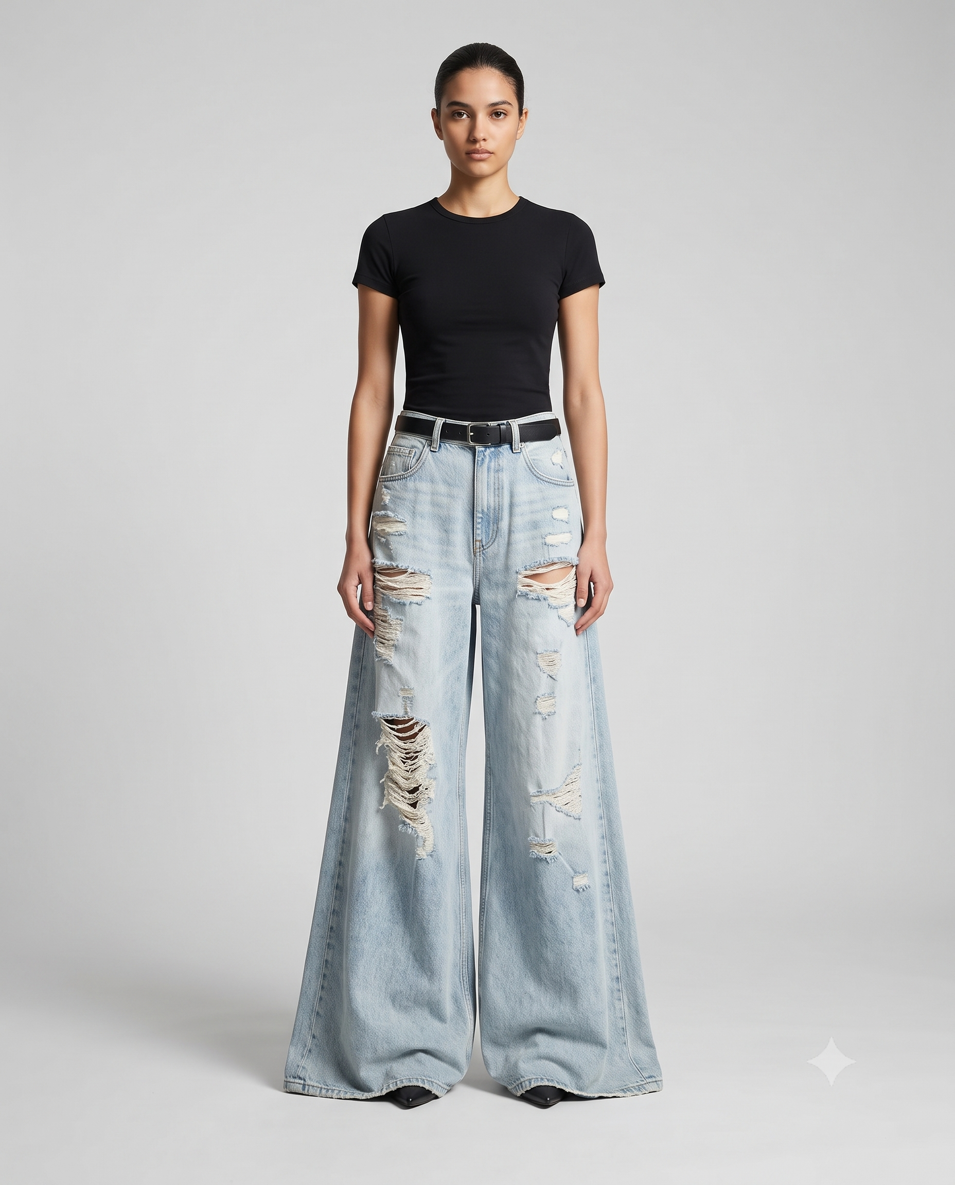 Women's Ripped Baggy Jeans Sun Bleach on model — mega baggy fit covering shoes
