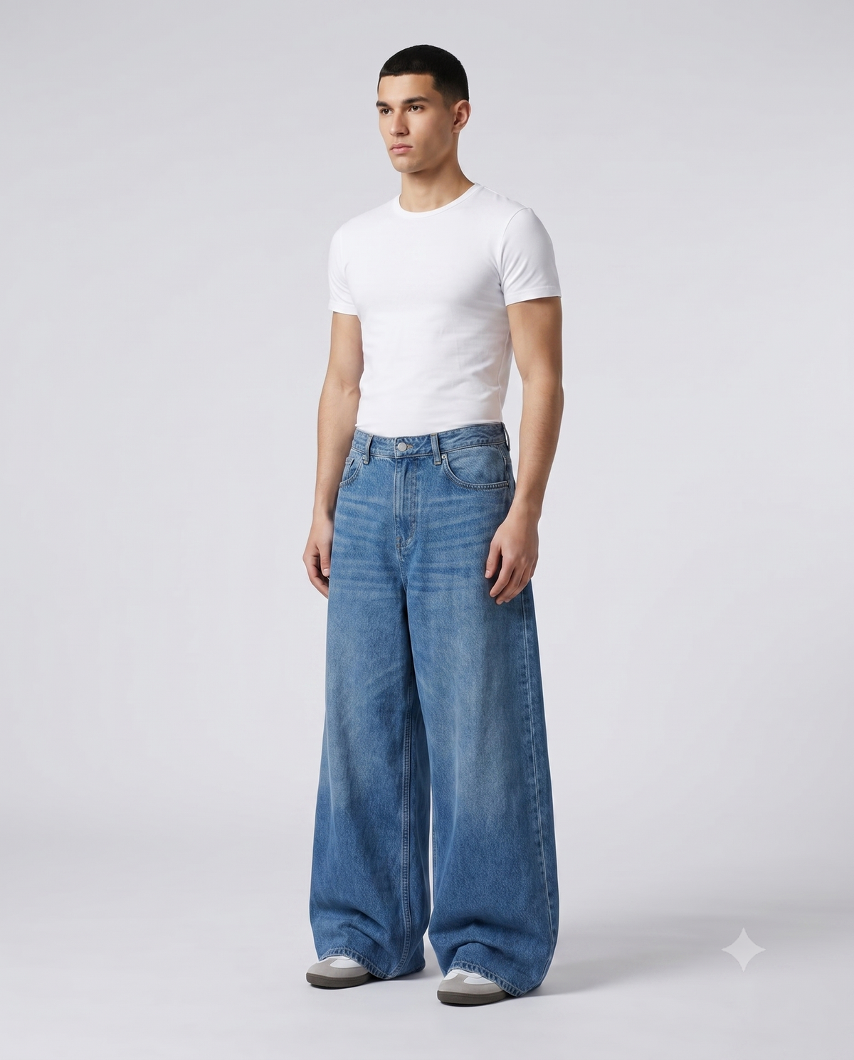 Women's Ripped Baggy Jeans Sun Bleach on model — walking, fabric in motion