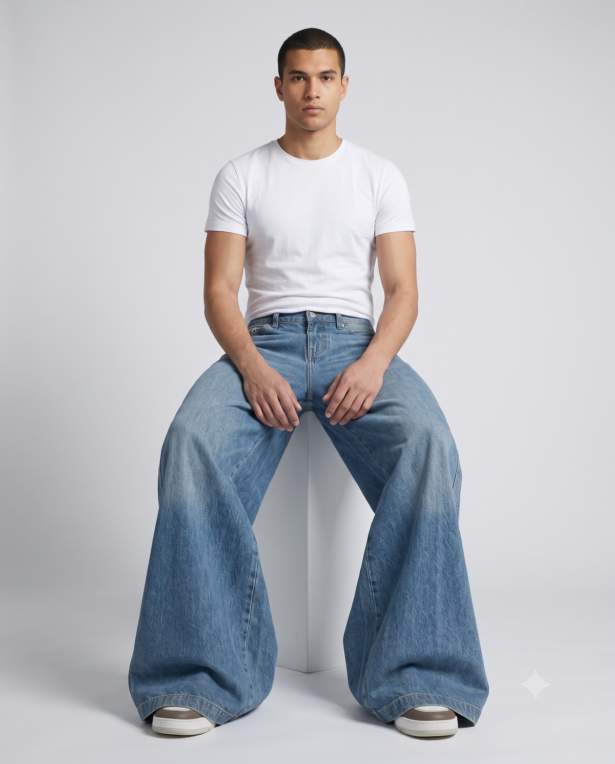 Women's Baggy Jeans — Night Mesh on model — waist and pocket detail
