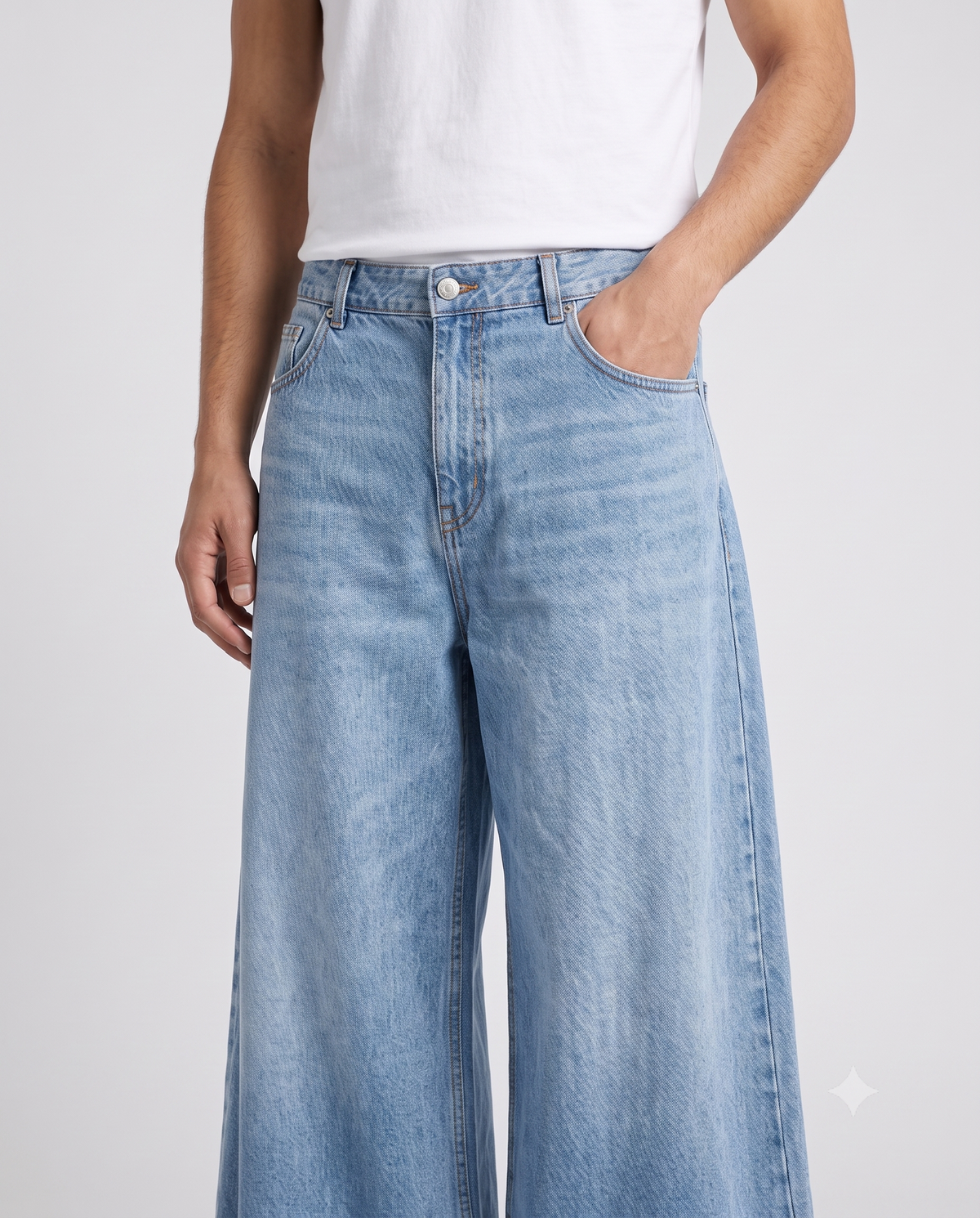 Women's Baggy Jeans — Night Mesh on model — seated fit view