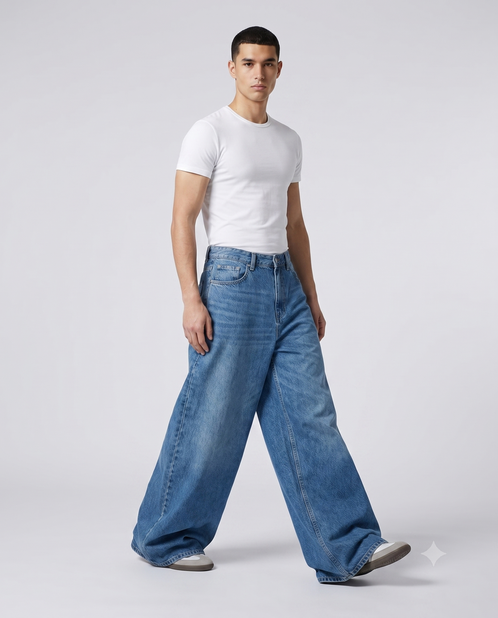 Women's Baggy Jeans — Night Mesh on model — three-quarter view