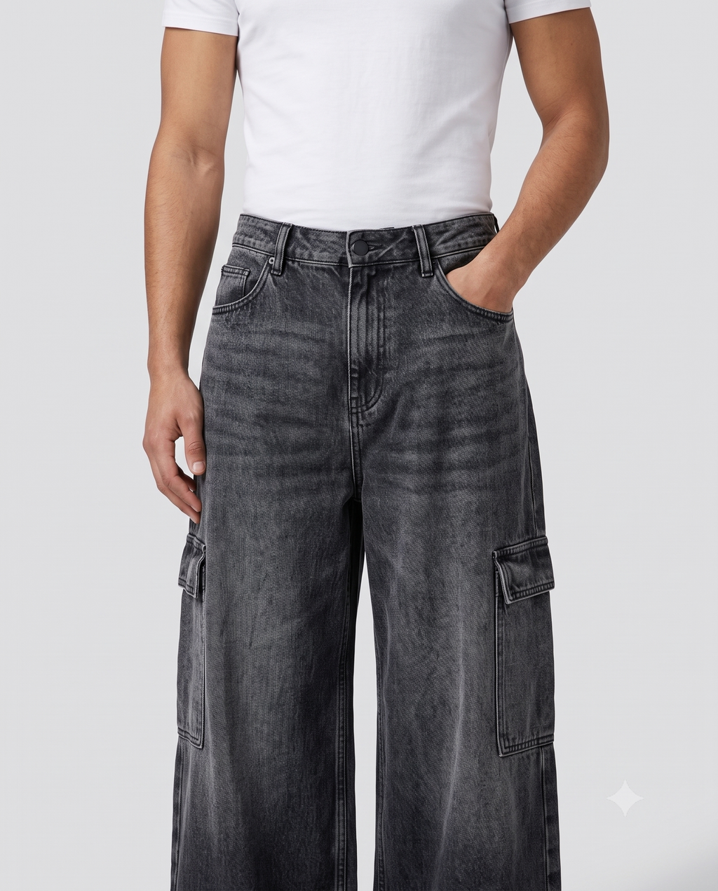 Women's Baggy Jeans — Night Mesh on model — walking, fabric in motion