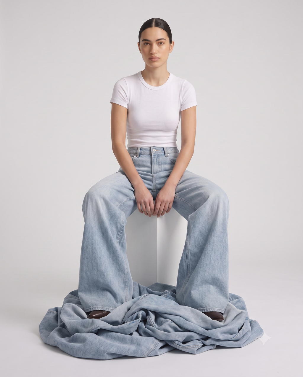 Women's Baggy Jeans Cloud Wash on model — seated fit view