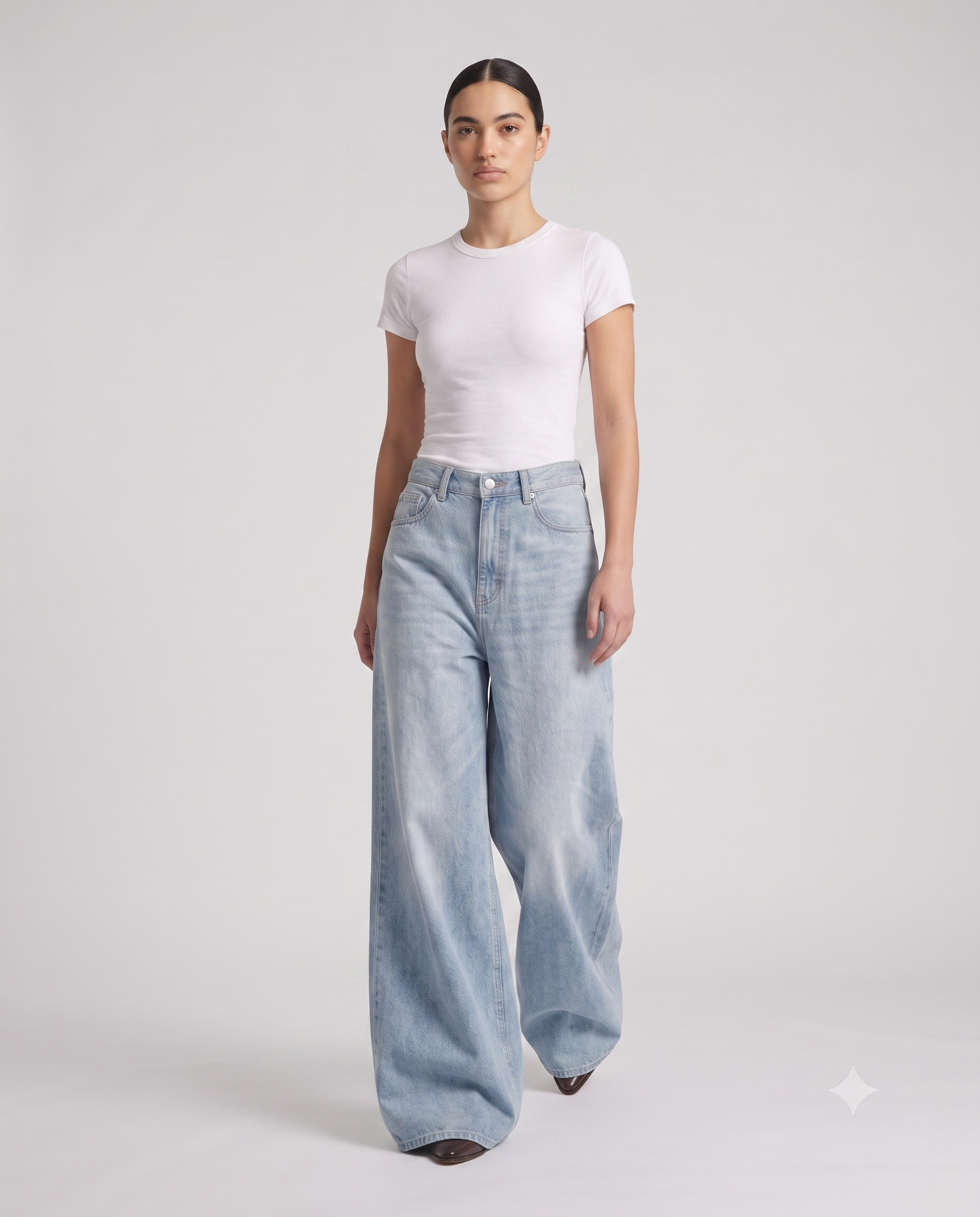 Women's Baggy Jeans Cloud Wash on model — walking, fabric in motion