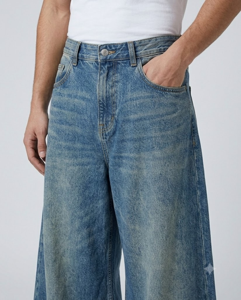 Big Easy Baggy Jeans Stone Wash on model — waist and pocket detail