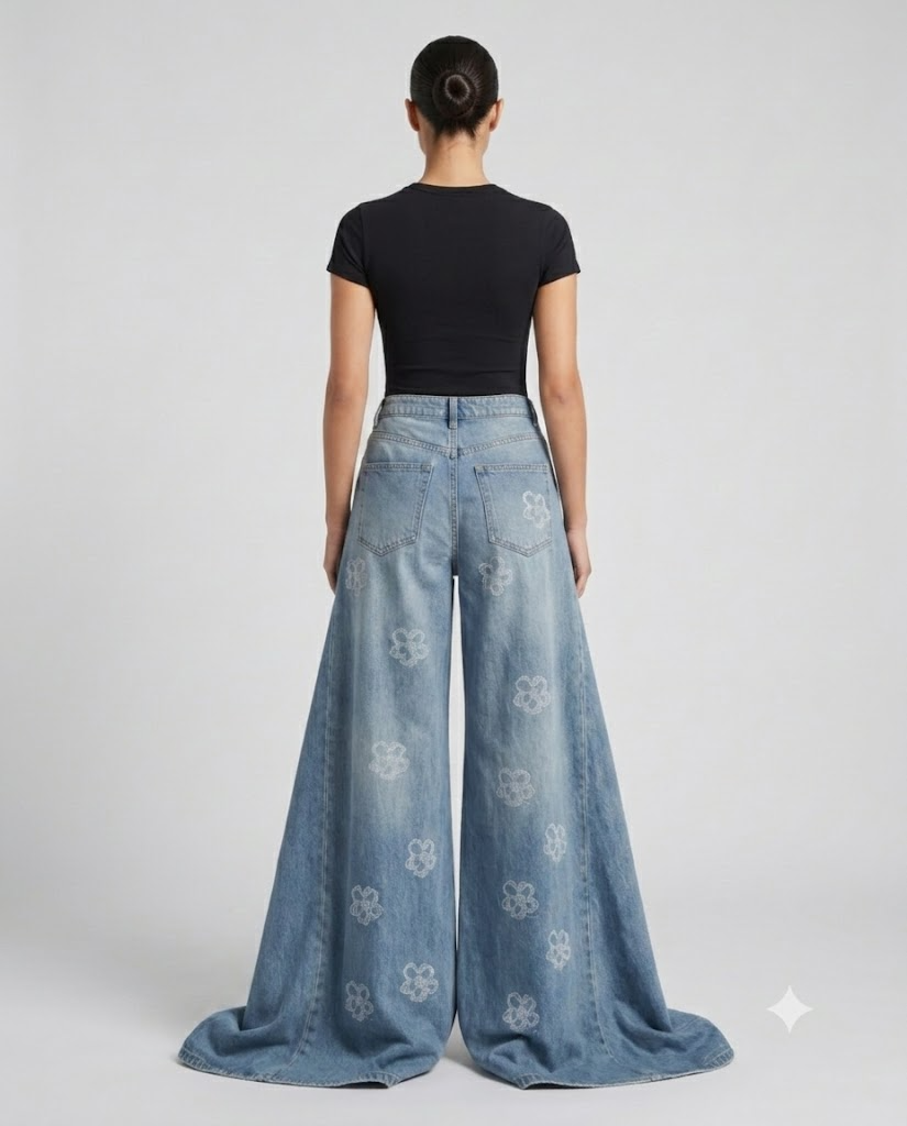 Women's Baggy Jeans Floral Fade on model — back view