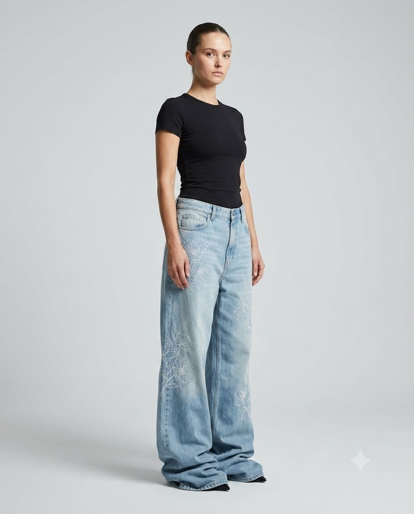 Women's Baggy Jeans Floral Fade on model — three-quarter view