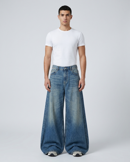 Big Easy baggy jeans in stone wash on model — mega baggy silhouette