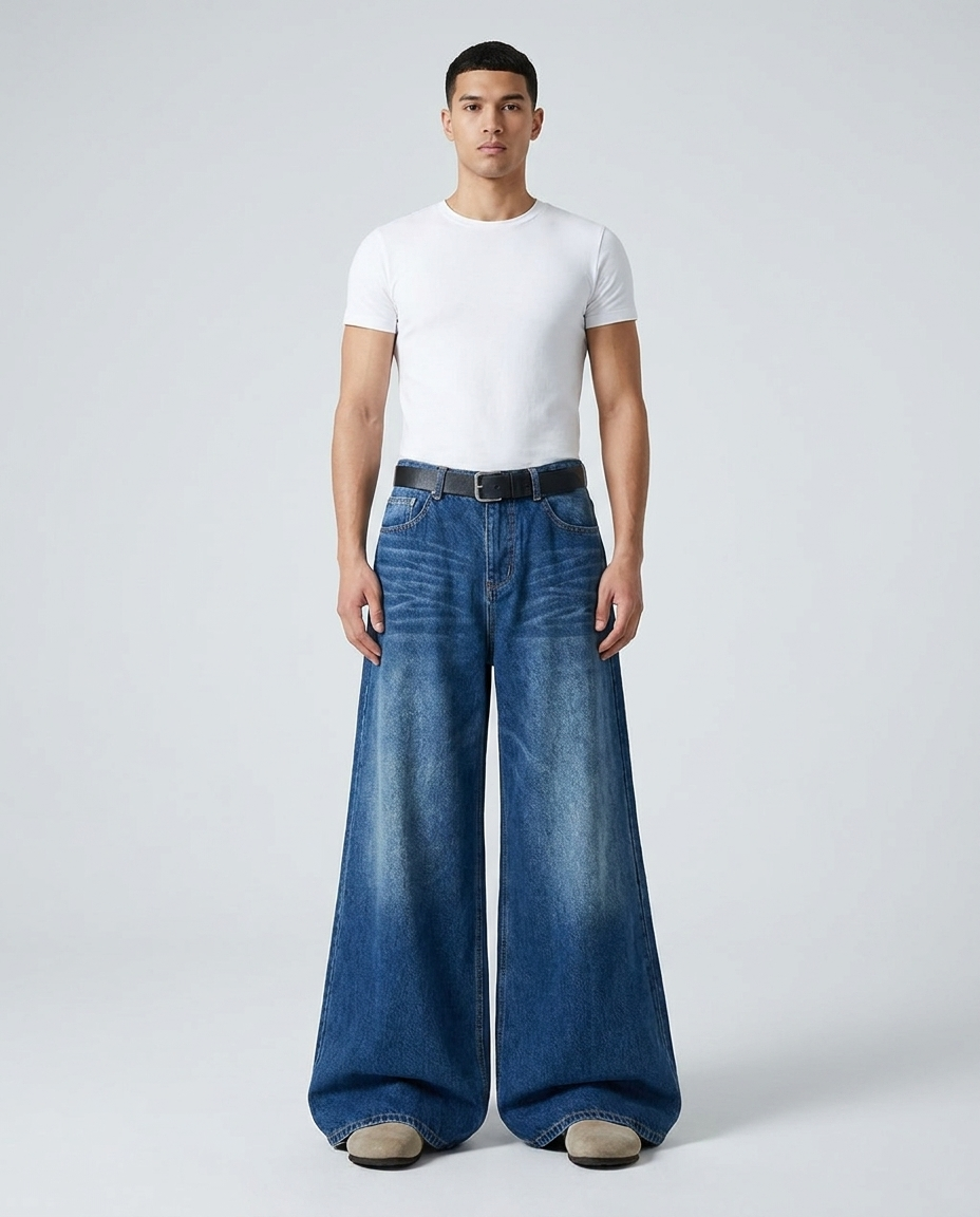 Boulevard wide leg jeans in two-tone blue on model — mega baggy drape