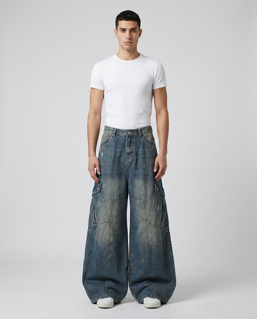 Big Easy cargo jeans in vintage wash on model — mega baggy fit with side pockets